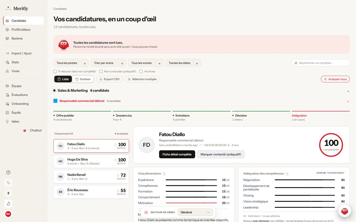L'écran Candidats en thème clair