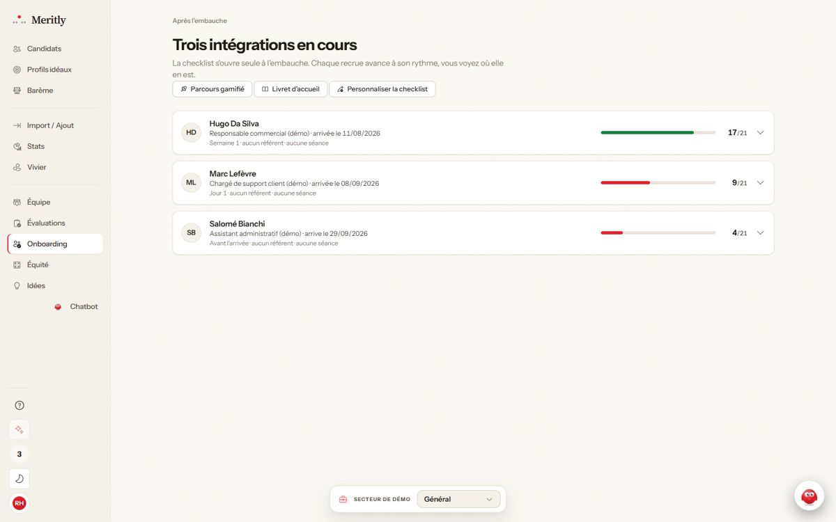 L'écran Onboarding : trois intégrations en cours, une barre par recrue